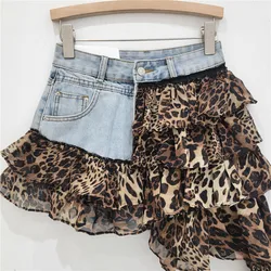 Leopard Print Ruffles Chiffon Patchwork Denim Mini Skirts Women Fashion Ribbon Irregular Jeans Shorts Skirt All Matching Bottom