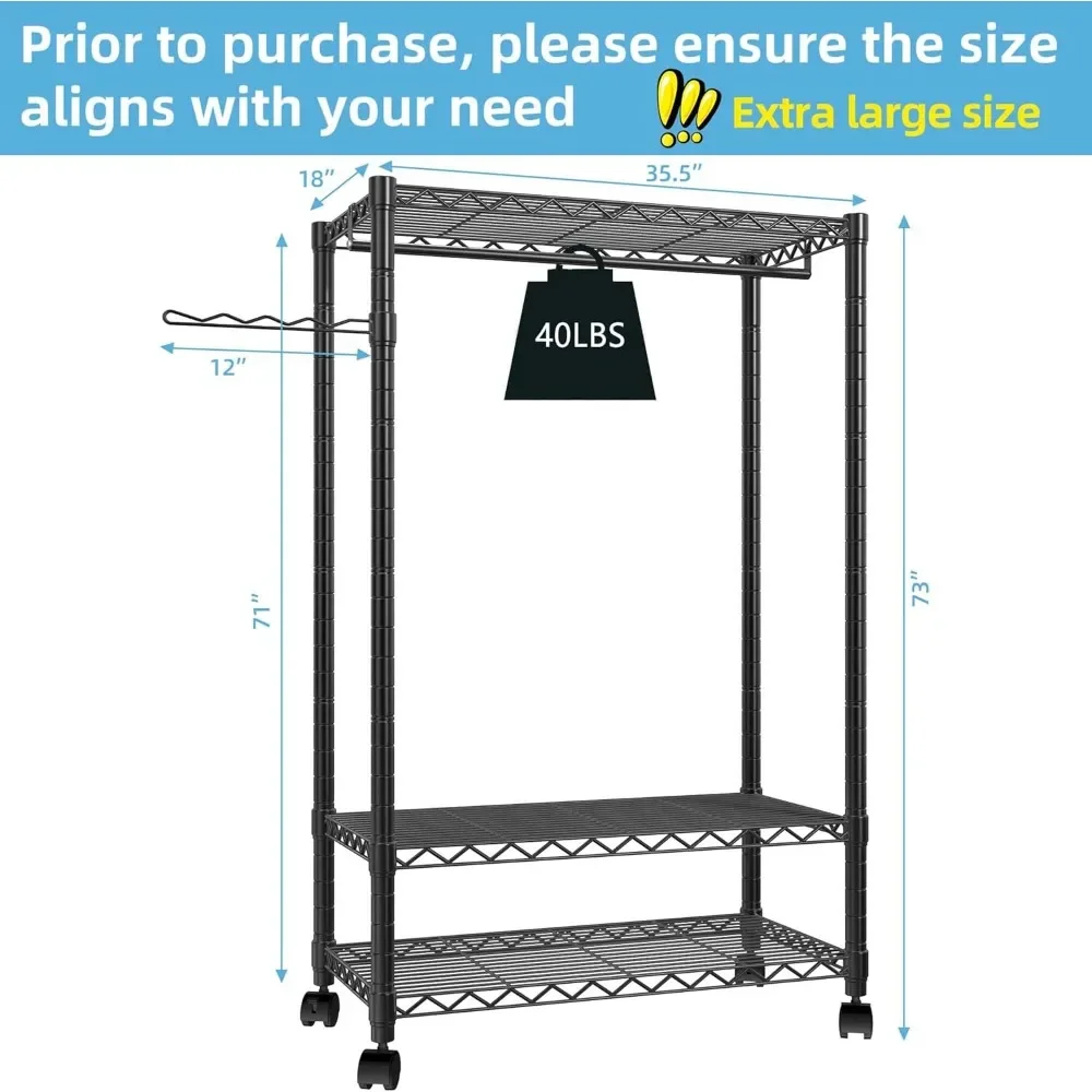 Heavy Duty Clothing Garment Rack, Freestanding Clothing Rack,Portable Closet Wardrobe with 3 Adjustable Wire shelves 1 Side Hook