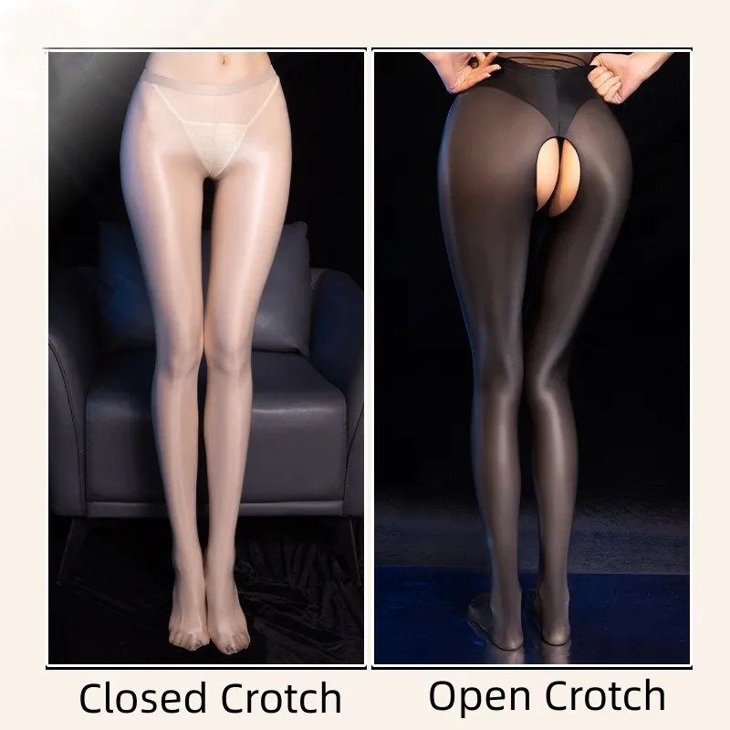 M XL Plus Size Oil Glossy Satin Pantyhose High Elastic Open Crotch Wet-look Tights Sexy Lingerie Silky Clubwear For Women