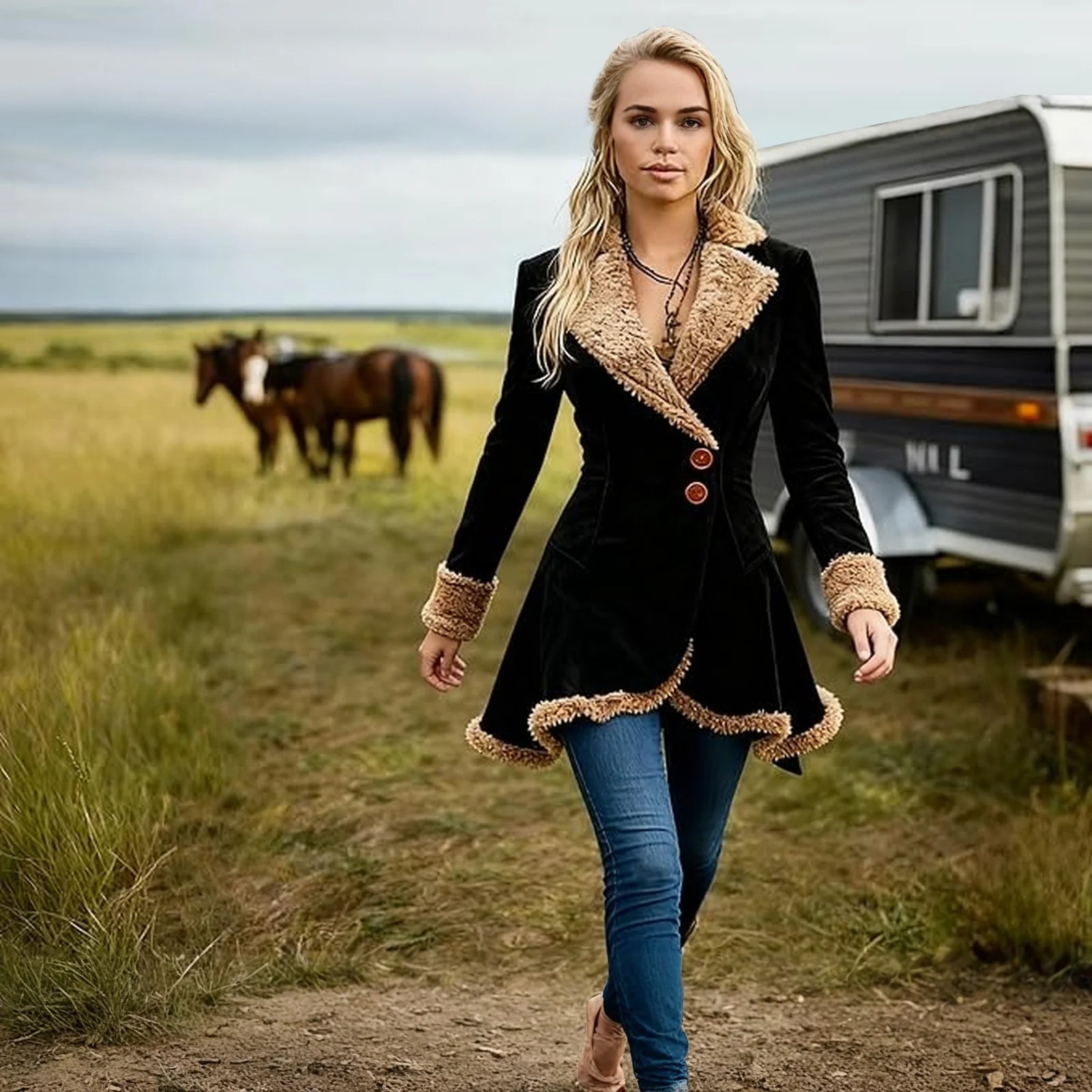 Dámská džínová westernová retro větrovka, plyšová módní teplá a plyšová bunda, zimní venkovní teplý kabát, dámský kabát - náhled 3
