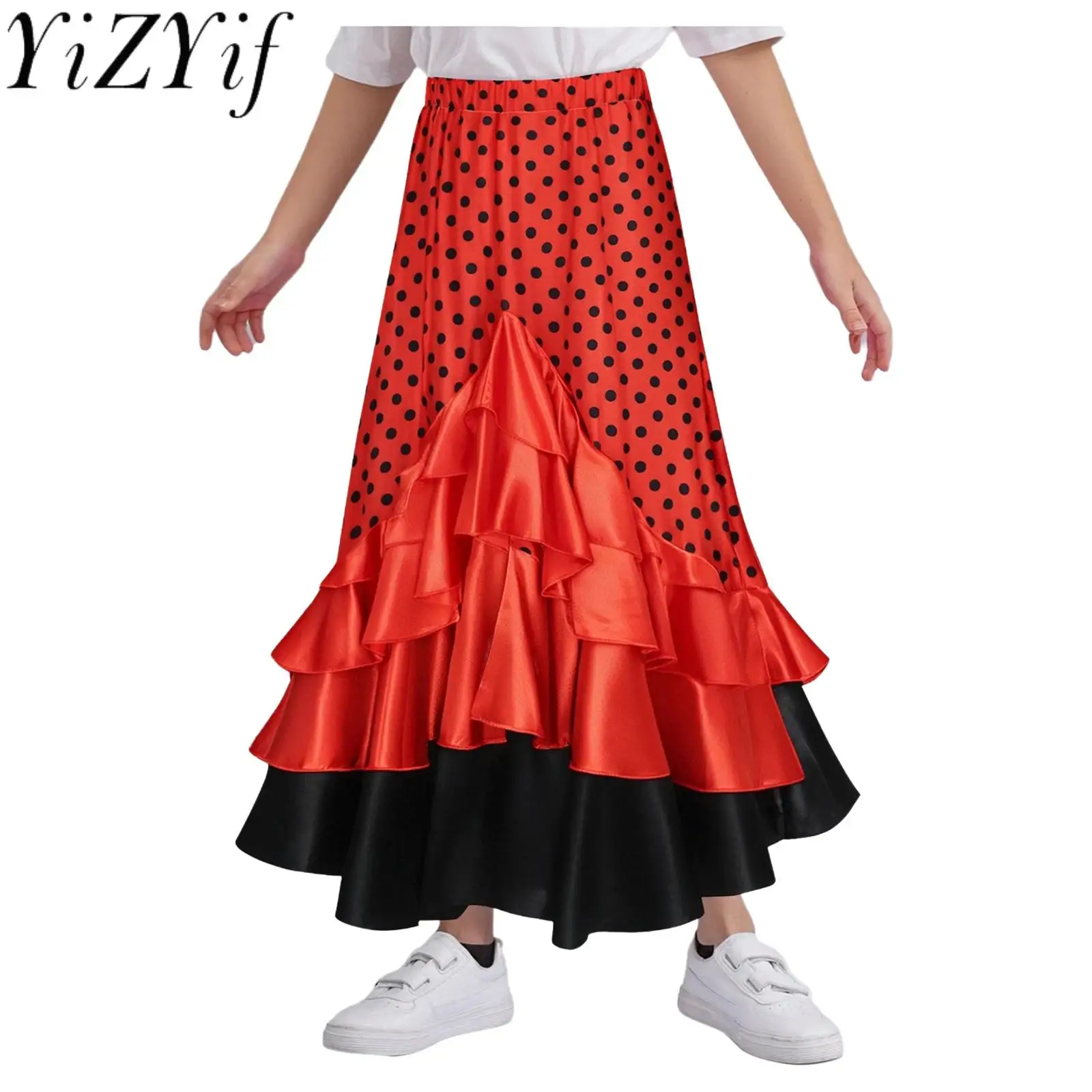 Falda de baile de lunares de Flamenco español para niñas, falda larga con volantes en capas para traje de competiciones de baile Flamenco