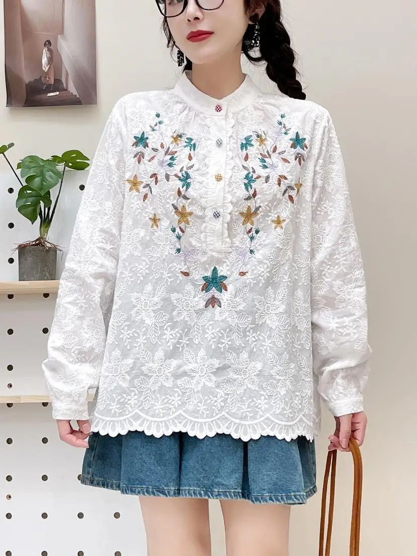 Mori kei fashion stand collar long sleeve leaves embroider shirts and blouses women cottonwhite beige tops women\'s clothing