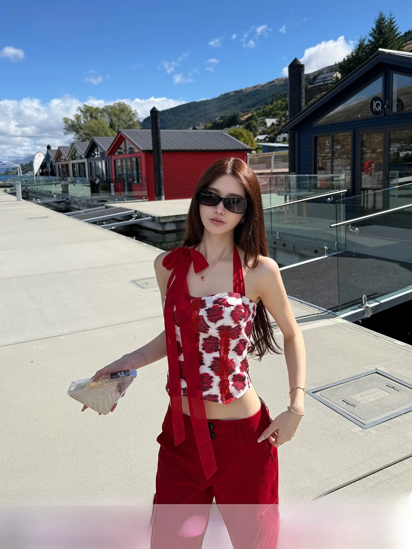 

Red Lace Splice Flowing Sash Halter Vest HiimDai Flame Rose Pure Cotton Slim Fit Women's Tank Top with Chest Pad Short Length