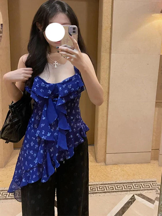 L-4XL Grote Maat Sexy Blauwe Print Zoete Ruches Jarretel Tops Zomer Koreaanse Elegante Meisjes Slanke Asymmetrische Mouwloos T-shirt