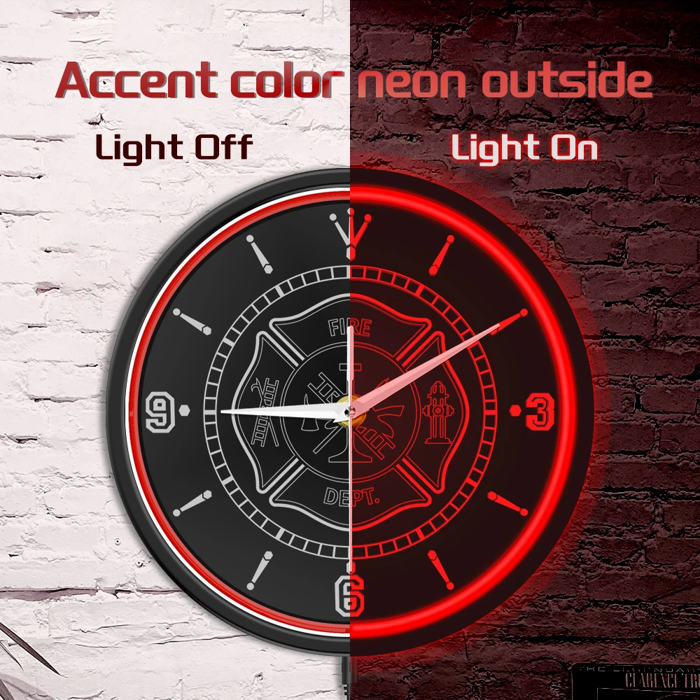 Fire Department LED Neon Sign Metal Frame Wall Clock Glow in Dark for Fire Station Office Room Fireman LED Lighting Wall Clock