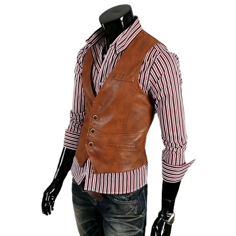 

Brown V-Neck Korean Style Men's Vest Casual Performance Fashionable Large Size Simulation Leather Sensation Singers Outfit