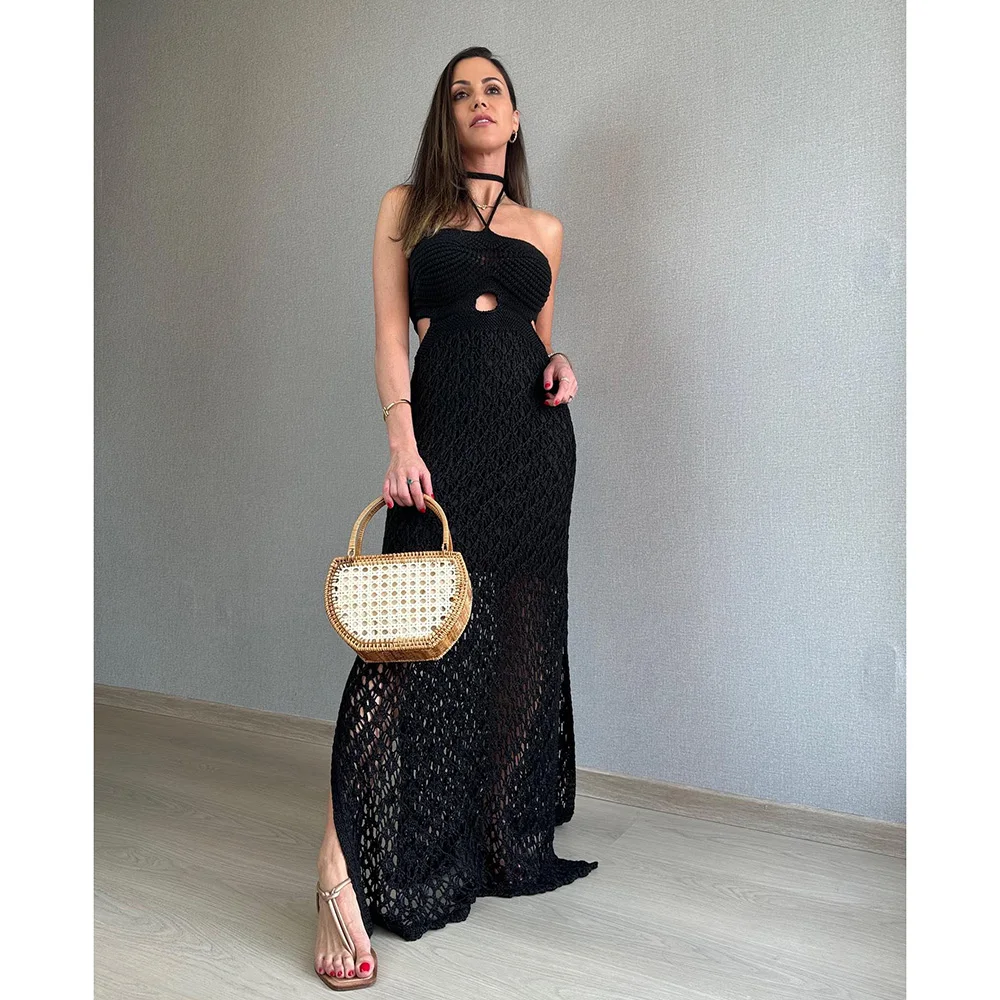 2024 Crochet Cover Up Beach Knitted Mesh Sexy Bandeau Maxi Dress Women Summer Dress Solid Bikinis Cover-ups Halter Beachwer New