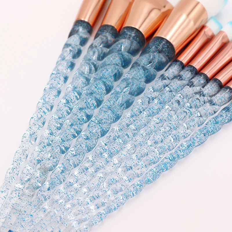 Blue Unicorn Makeup Brushes Set, Crystal Diamond Brush Kits, Pincel de maquiagem, Pó, Sombra, Fundação, Lábio, 10Pcs