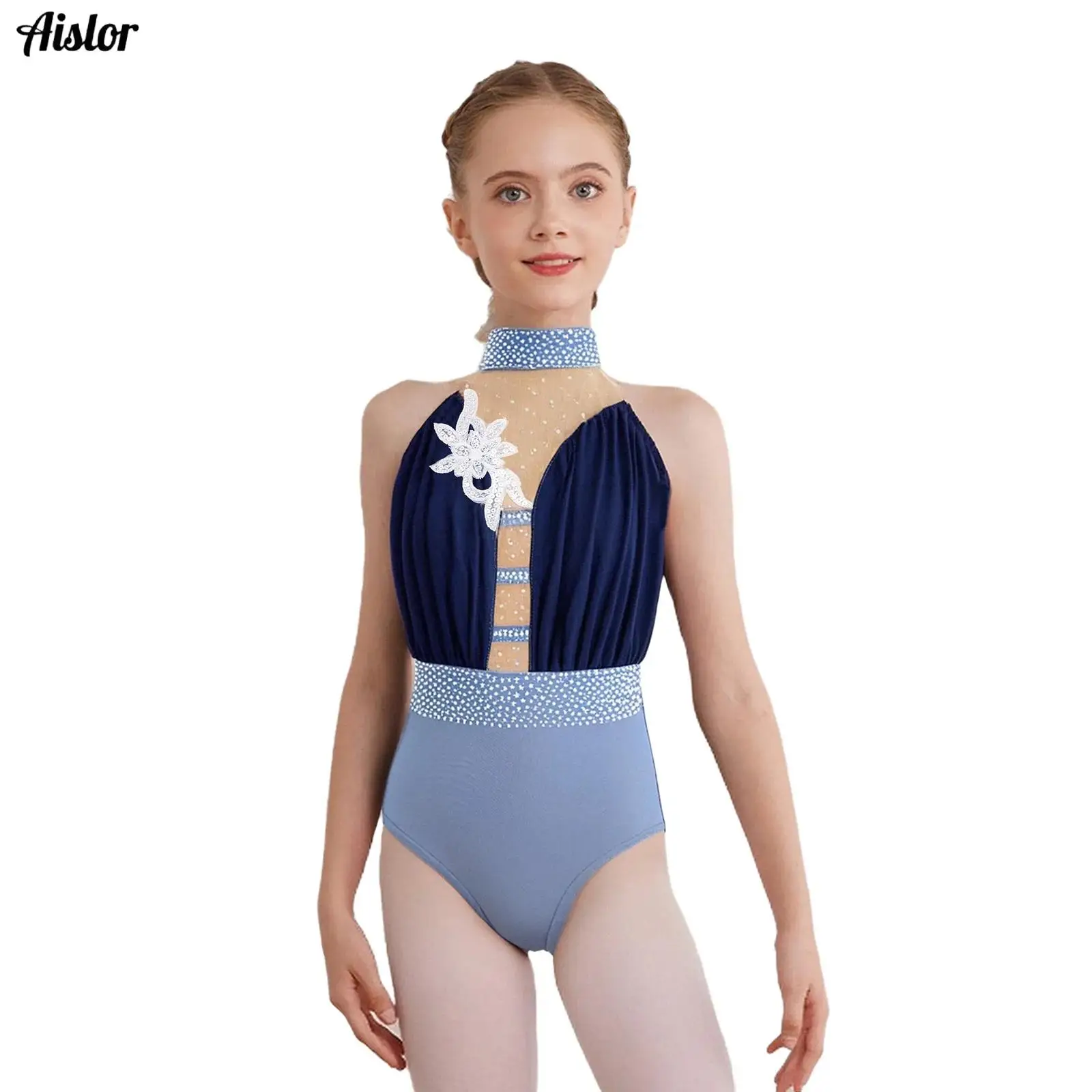 Kinderen Meisjes Kunstschaatsen Gymnastiek Dans Turnpakje Applique Steentjes Mouwloos Sleutelgat Terug Kleurblok Bodysuit Danskleding