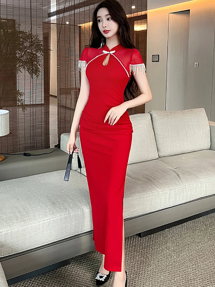 2024 Korean Vintage Luxury Cheongsam Dress Summer Red Patchwork Sheer Sexy Dress Women Elegant Diamonds Tassel Short Sleeve Robe