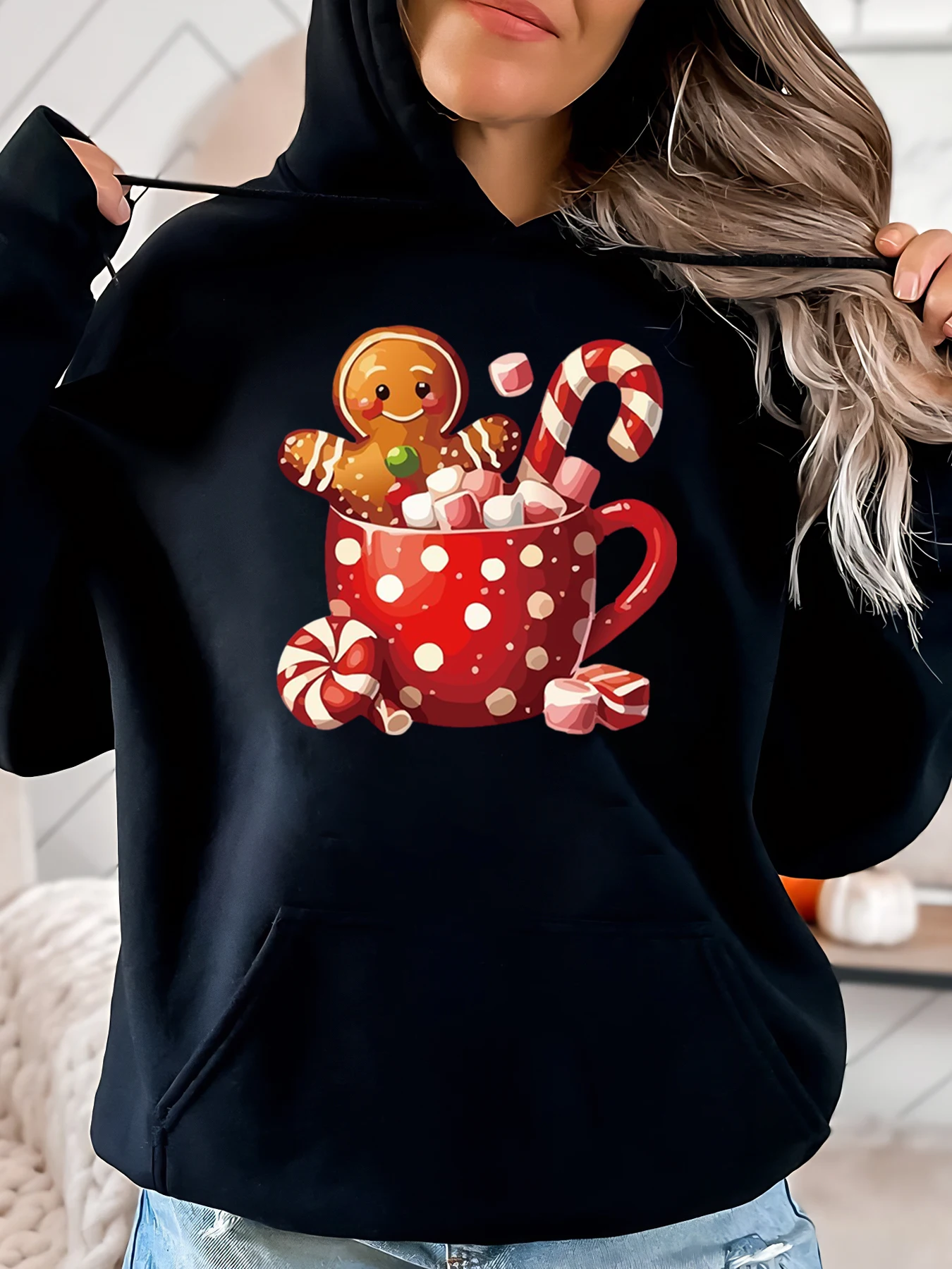 Gingerbread Man Hot Chocolate Cup Print Weihnachts-Hoodie für Damen, lässig, Winterkleidung, Schwarz, Übergröße