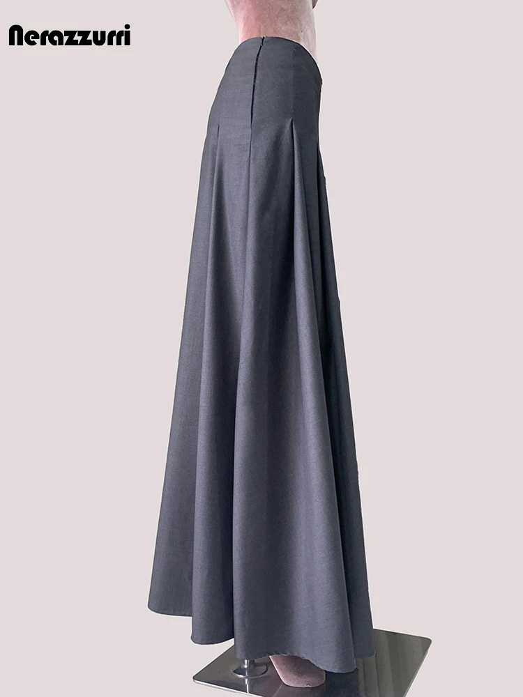 mauroicardi Spring Autumn Gray Flowy Soft Floor Length Pleated Skirt Women High Waist Side Slit Chic Elegant Luxury Clothes 2025