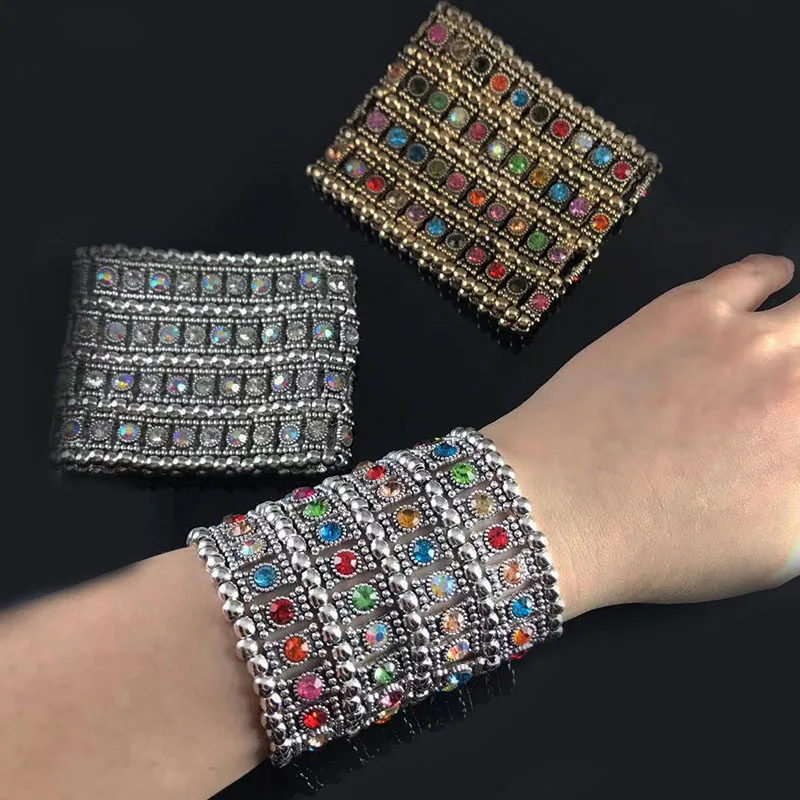 Luxury Bracelet for Women Elastic Multi-Layer Inlaid Color Rhinestones Wide Hand Accessories  Free Shipping