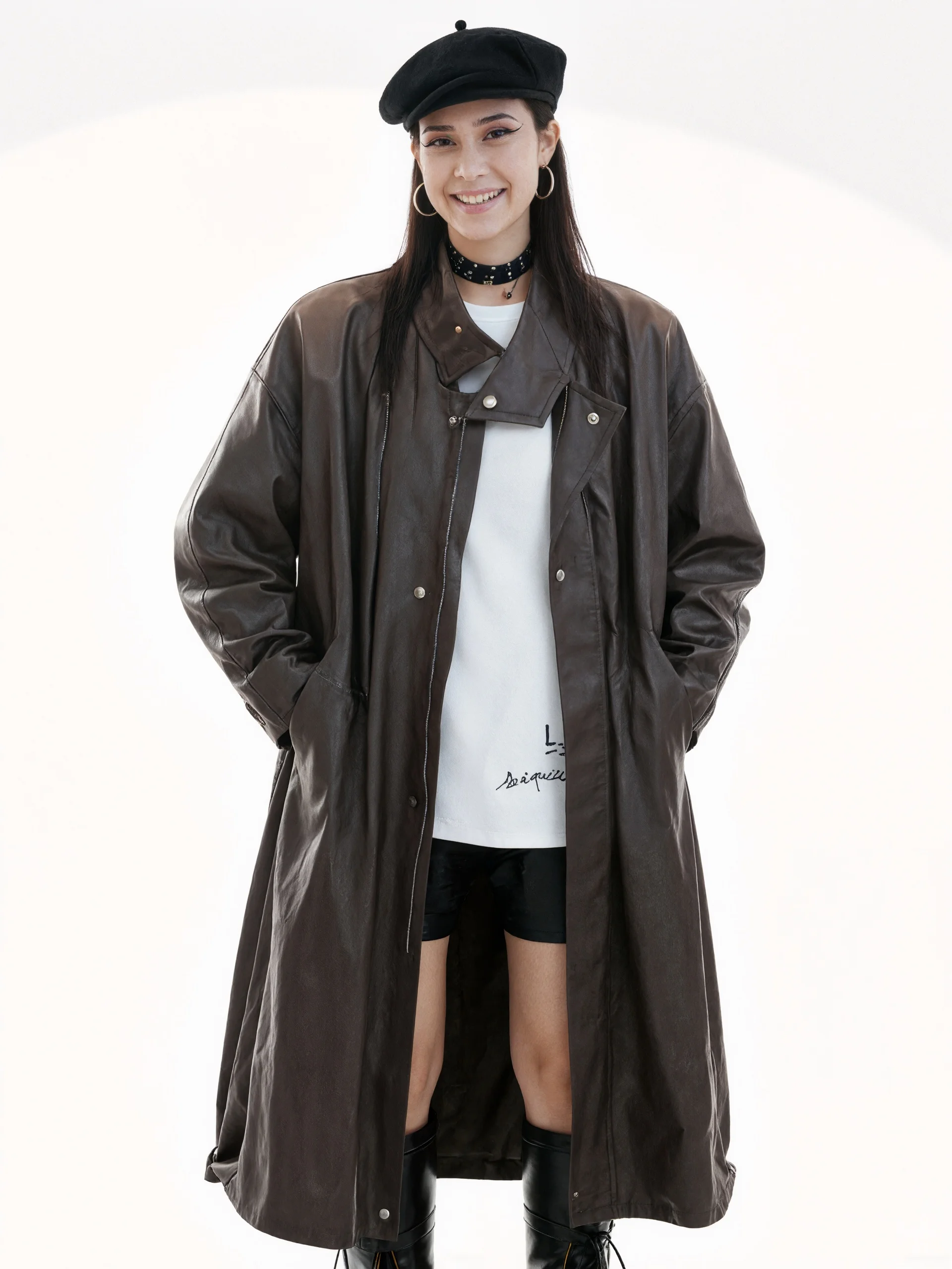 

Экологичное винтажное длинное пальто-куртка из искусственной кожи коричневого цвета для женщин, прямого кроя, с длинными рукавами, в уличном стиле