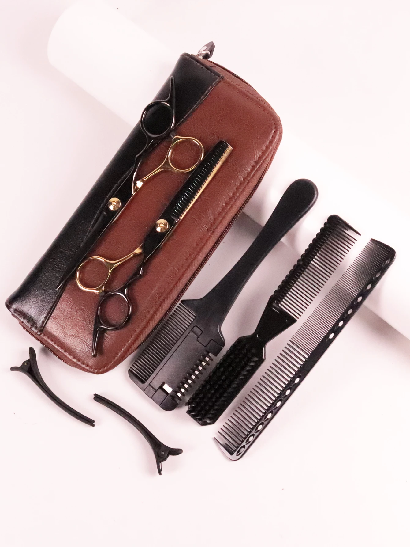

8pcs high-end barber haircut set with scissors,sparse hair comb,comb,brush,clip,leather bag Special for real hair wigs