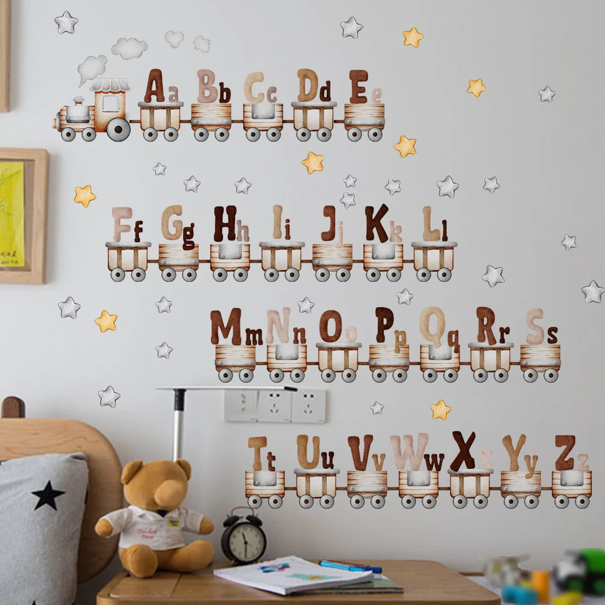 Cartoon Train 26 Letters Educational Wall Stickers Alphabet Train Learning Wall Decals for Classroom Study Baby Room Decoration