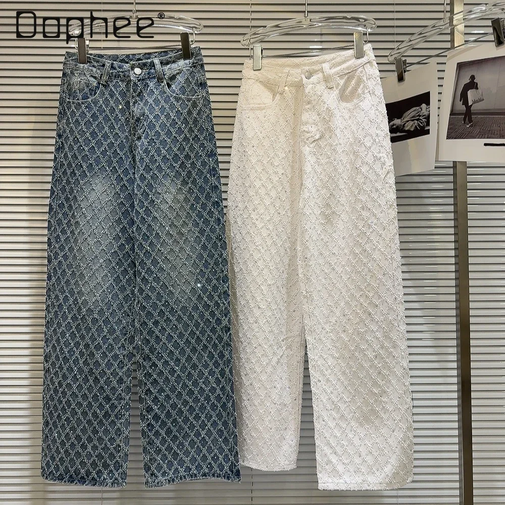 

Rhinestone Rhombus Jacquard Denim Pants Women High Waist Wide Leg Loose Jeans Korean Casual Straight Trousers Blue White