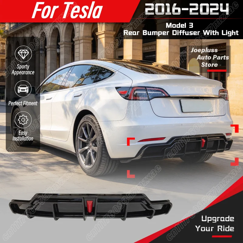 For Tesla Model 3 2016 2017 2018 2019 2020 2021 2022 2023 2024 Car Rear Bumper Diffuser with Light Vehicle Rear Spoiler Trim Kit