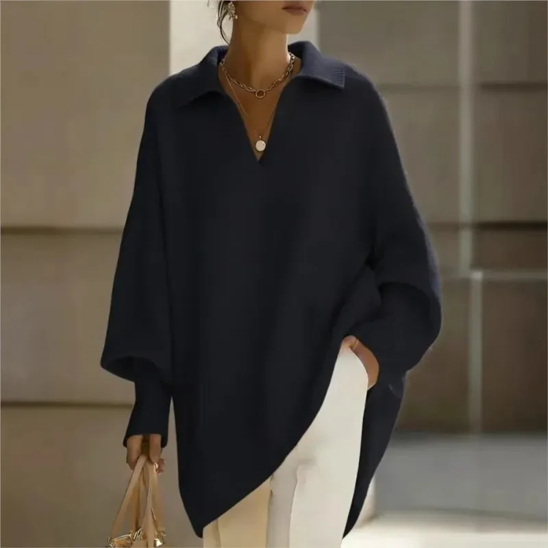 Women's Knitted Sweater Polo Collar Vintage Pullover Soft Warm Casual Long Oversize Sweaters Spring Autumn Elegant Clothes