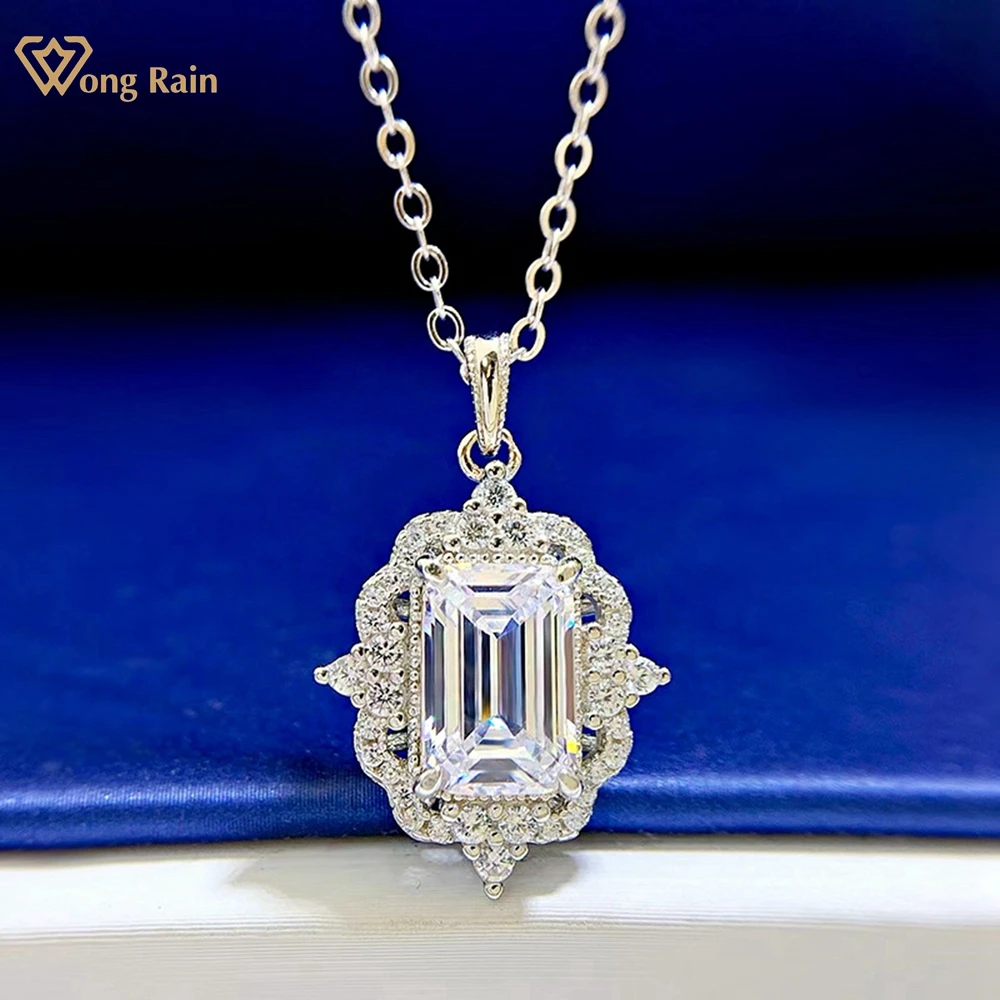 Wong Rain 100% 925 Sterling Silver Emerald Cut 6*9 MM Lab Sapphire Gemstone Pendant Necklace Fine Jewelry Girls Gifts Wholesale