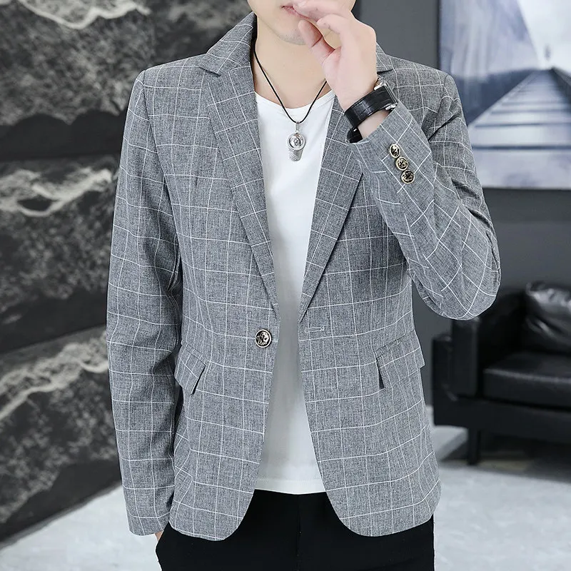 

Приталенный клетчатый мужской весенне-осенний новый повседневный костюм в Корейском стиле Jaet Personali Single West Trendy Top irt