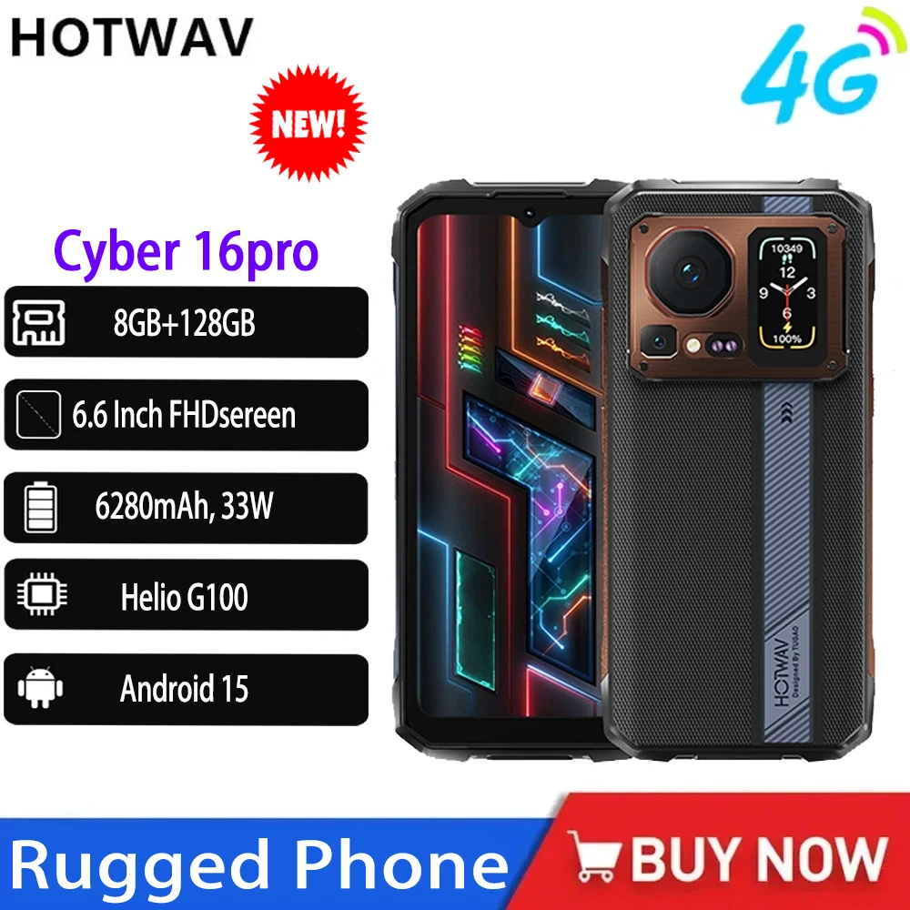 HOTWAV Cyber 16 Pro Rugged Phone G100 108MP Mobile Phone 6.6'' FHD Display 8GB 512GB 6280mAh 33W Smartphone Android 15 Cellphone