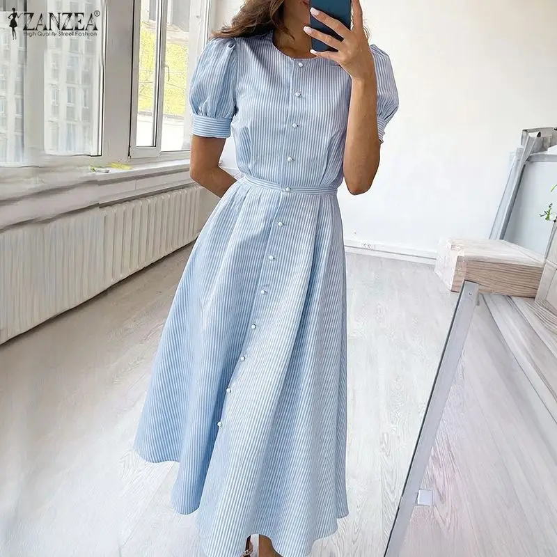 Stilvolles Sommerkleid mit Streifenmuster 2026 ZANZEA Elegantes Damen OL Arbeitskleid Midi-Kleider O-Ausschnitt Kurzarm Tailliertes Sommerkleid Urlaubskleid