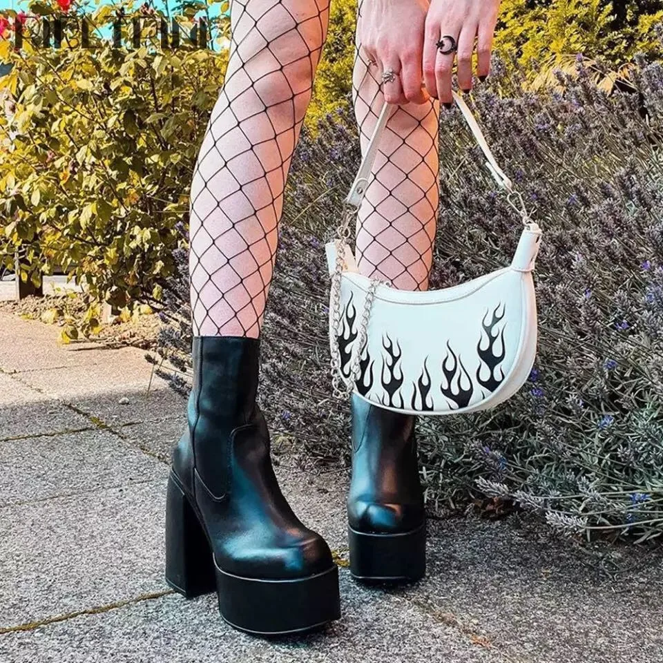 Botas de tacón alto con punta cuadrada para mujer, botas Punk de tacón de bloque de tubo largo y corto, zapatos de plataforma para mujer, botas de