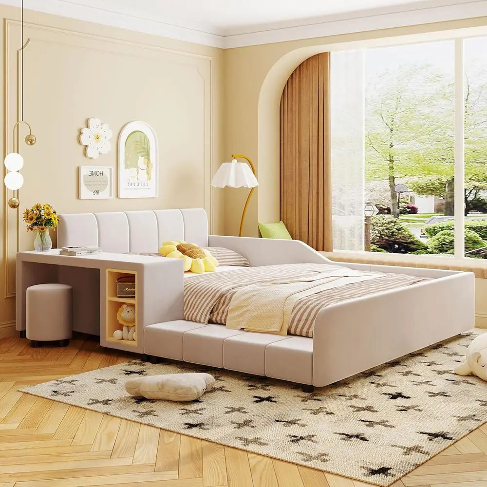 

Beige Velvet Platform Bed with Desk and Stool, Full-Size Mother-Child Bedroom Furniture