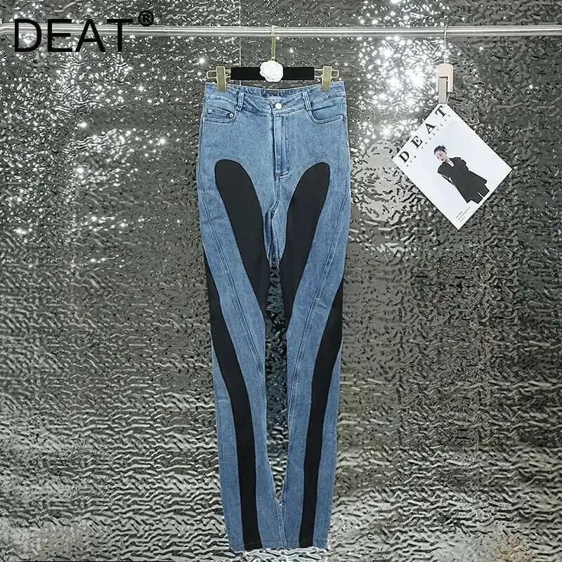 

Fashion Women's Patchwork Contrast Color Jeans Stretch High Waist Split Long Denim Pants Female Autumn New