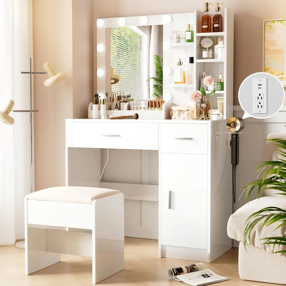 

Vanity Mirror with Lights Desk and Chair: Make up Vanity with Mirror and Lights, Vanity Dresser with Drawers and Stool