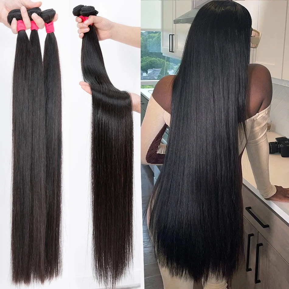 Melodie 30 "40 inci bundel jalinan rambut manusia lurus tulang 100% ekstensi rambut Remy Brasil 1 3 4 bundel jalinan hitam alami