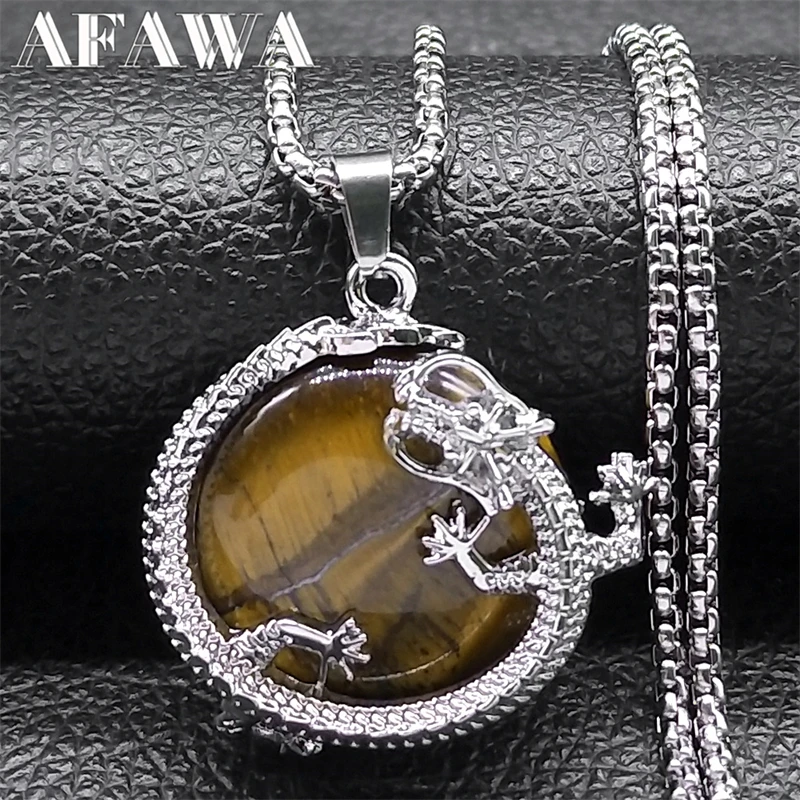 Vintage Round Natural Tiger Eye Stone Surround Dragon Necklace Men Women Stainless Steel Chain Jewelry collar hombre NZZZ363-1