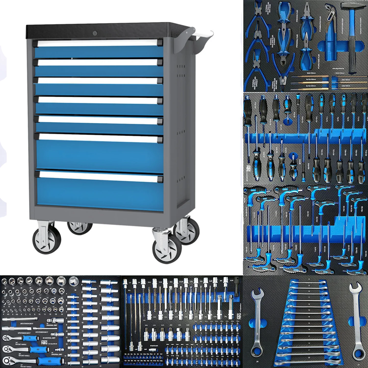 JS-6007 258-Piece Rolling Metal Tool Cabinet Trolley Cart 7-Drawer Steel Tool Chest Workshop Tools OEM Customizable 200kg