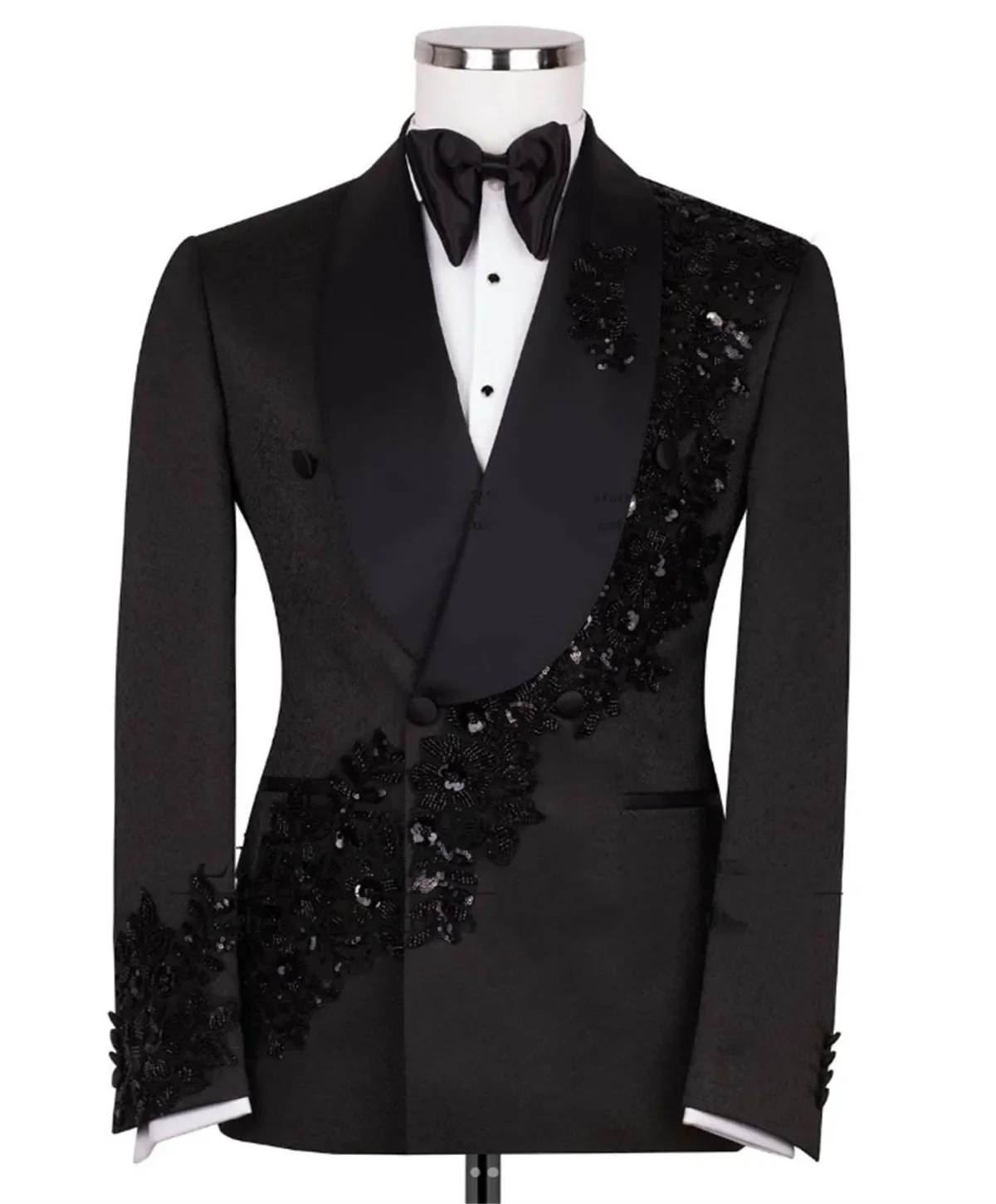 

Luxury Crystals Black Men Suit Set 2 Pcs Blazer+Pants Trousers Wedding Tuxedo Formal Office Jacket Prom Party Coat Customized