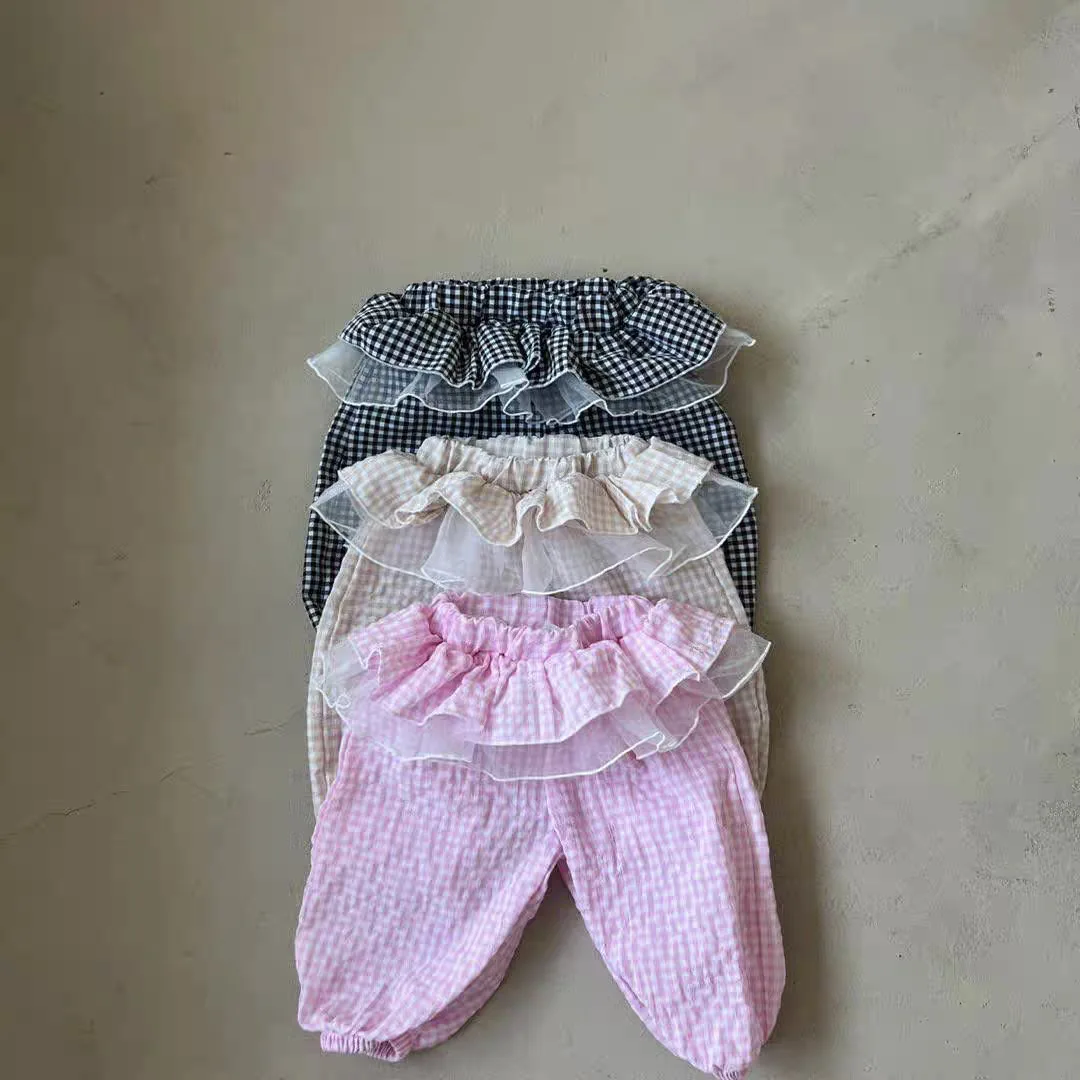 2026 Summer New Baby Loose Trousers Sweet Girls Plaid Lace Culottes Cotton Infant Casual Pants Toddler Mosquito Proof Pants