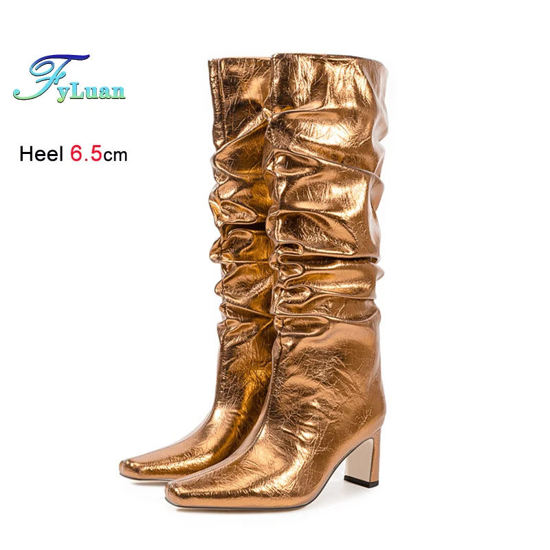 

Модные женские высокие сапоги металлического цвета на толстом каблуке 6,5 см, с квадратным носком, плиссированные, в европейском и американском стиле, женская обувь CD