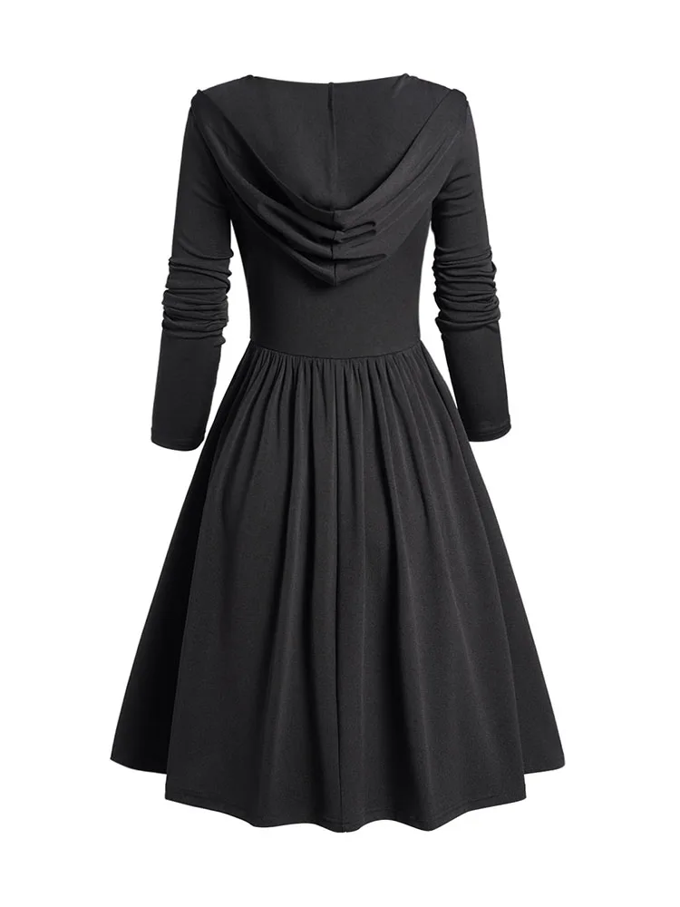 Buckle Gothic Hooded Dress Plain Color Long Sleeve A Line Casual Dress Spring Fall Black Dresses For Women 2024 New