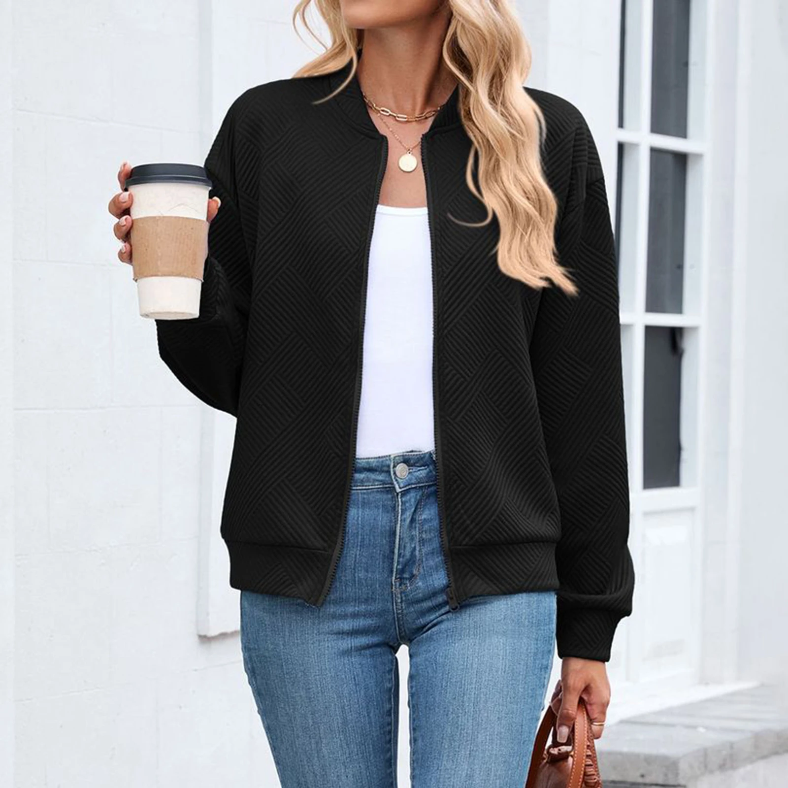 Women s Fall Coat Long Sleeve Full Zip up Baseball Jacket Solid Color Casual Outerwear