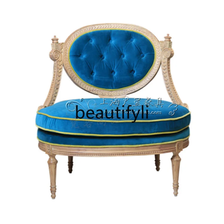 

American rural solid wood old antique carved sofa chair single European neoclassical dining chair