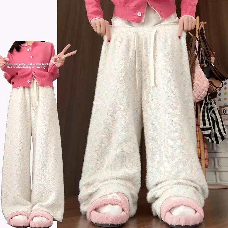 Pantalones de pierna recta de terciopelo de punto arcoíris de cintura alta coreanos Sle Otoño Invierno pantalones casuales adelgazantes para mujeres