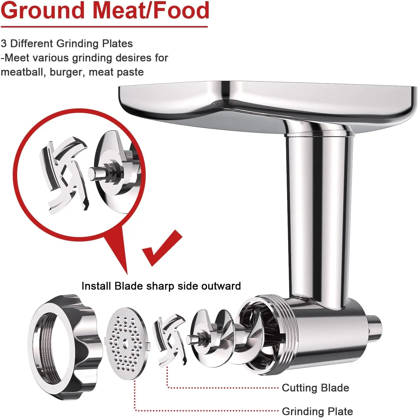 Stainless Steel Dishwasher safety Meat Grinder Attachment for Kitchenaid Mixer, Kitchenaid Meat Grinder with 3 Sausage Stuffer