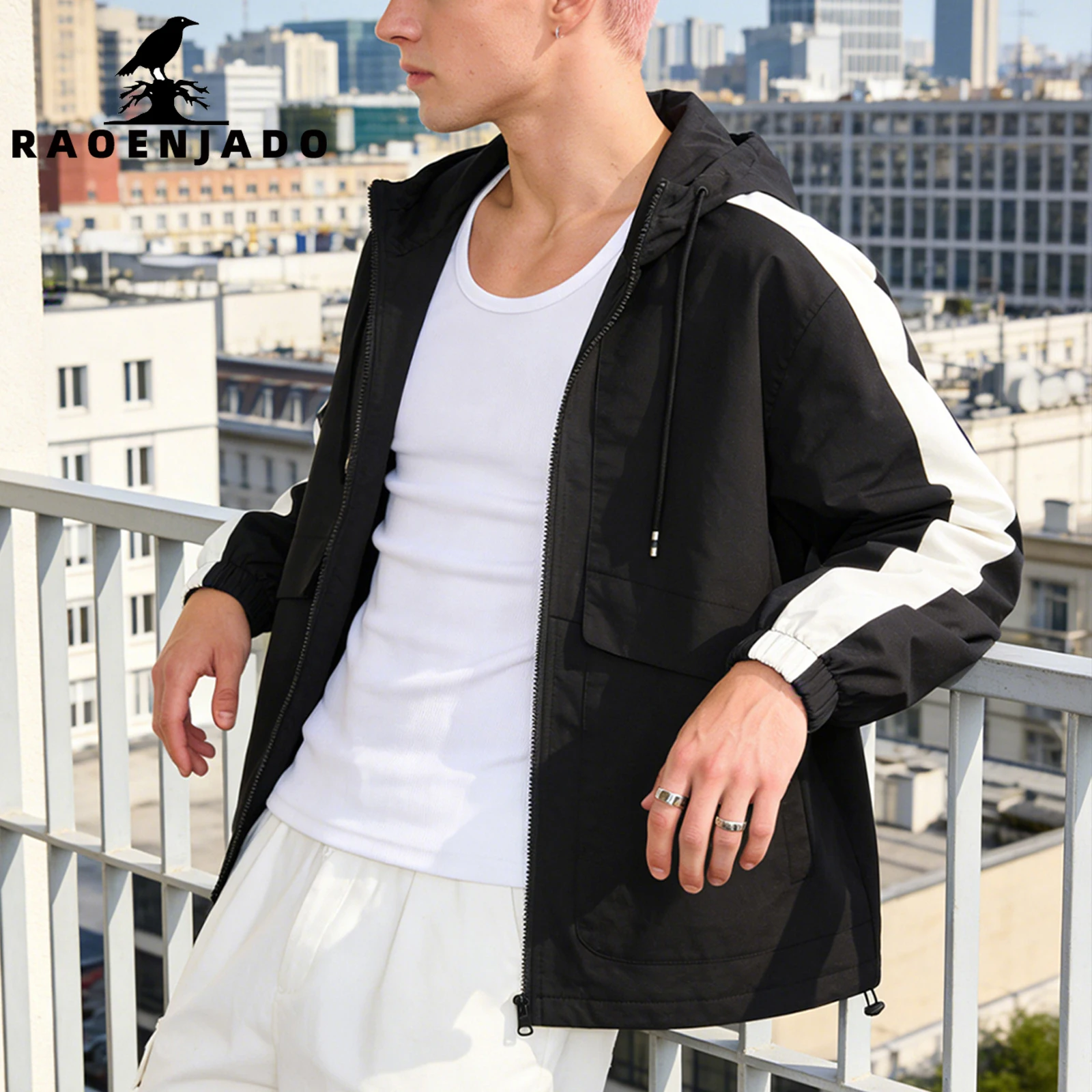 Men's Casual Hodded Jacket Waterproof Windproof Outdoor Coat Colorblock Streetwear Outerwear with Adjustable Hood for Daily Wear