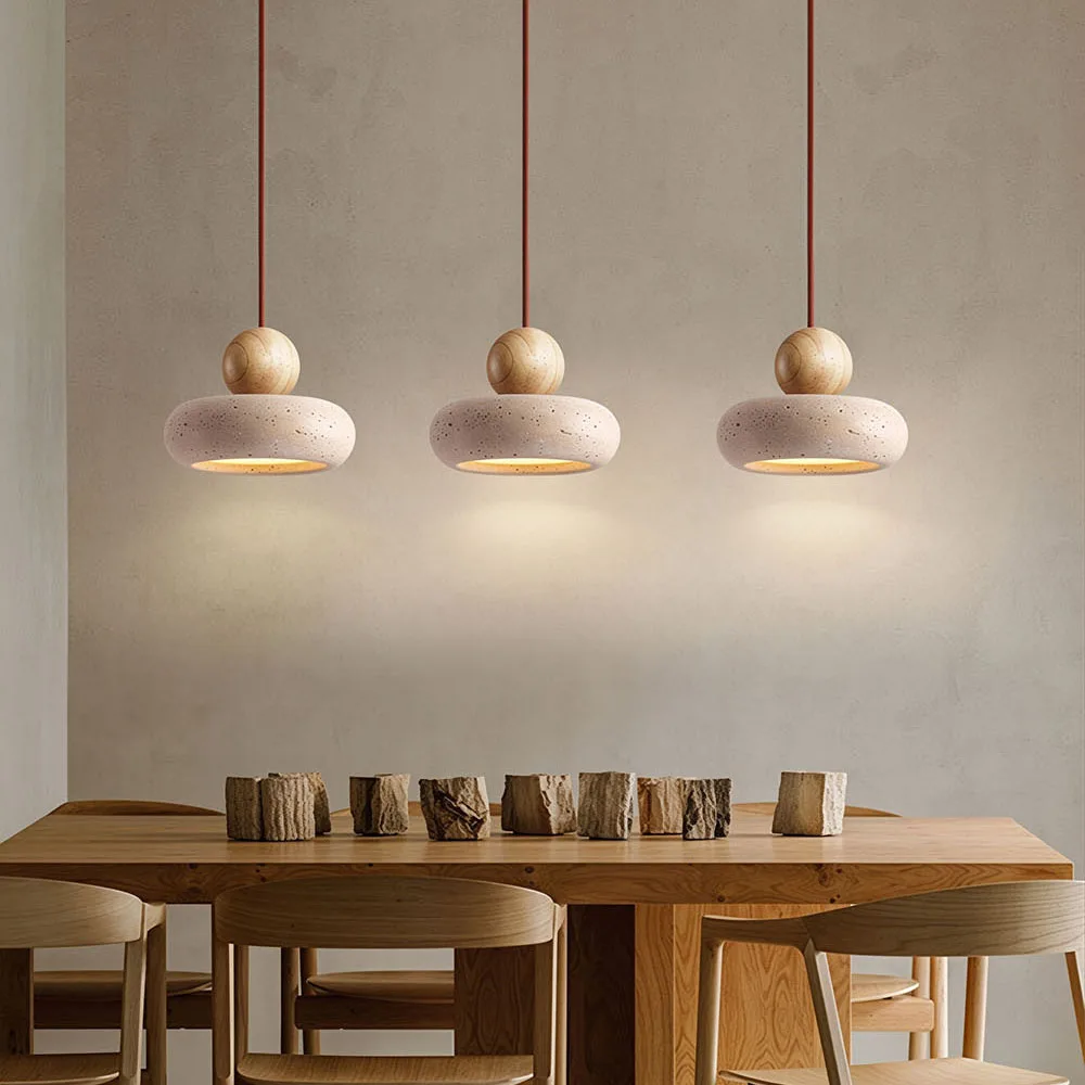 Nordic Travertine Pendant Lamp Wooden Ball Hanging Light Minimalist LED Ceiling Light for Bedroom Kitchen Island Dining Room