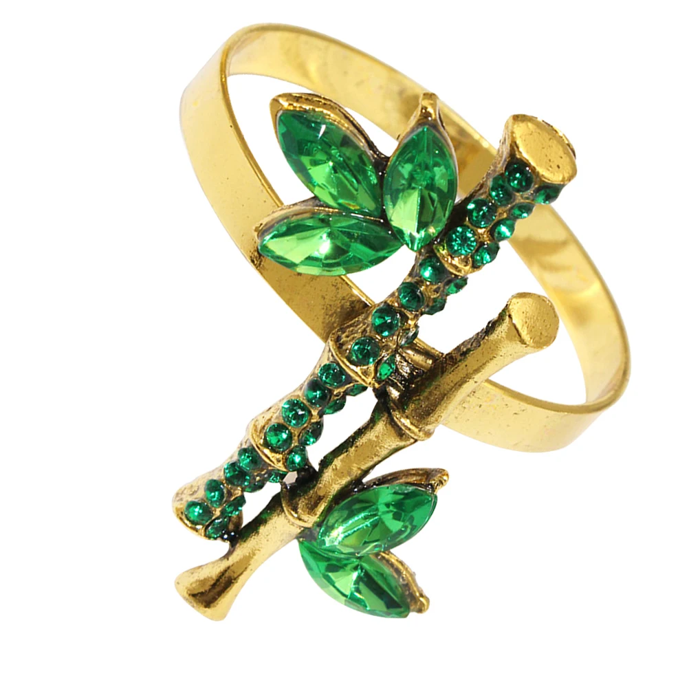 

Bamboo Napkin Rings Rhinestone Serviette Buckles Green Leaves Wreath Alloy Tableware Accessories Wedding Banquet Holiday Party