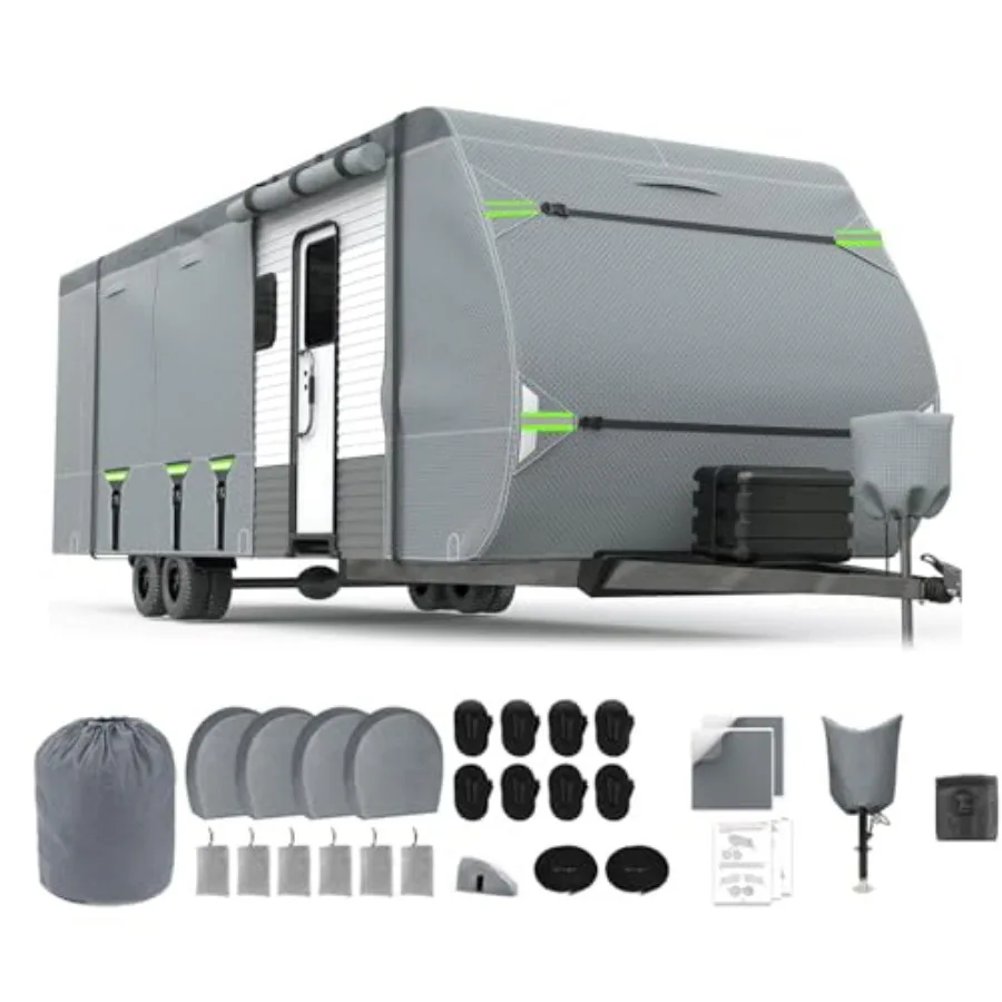 

RV Cover for 24-27FT Travel Trailers, 8-Layer Windproof Polyester, Gray, Enhanced Weather Protection with Tire Cover, Tongue Ja