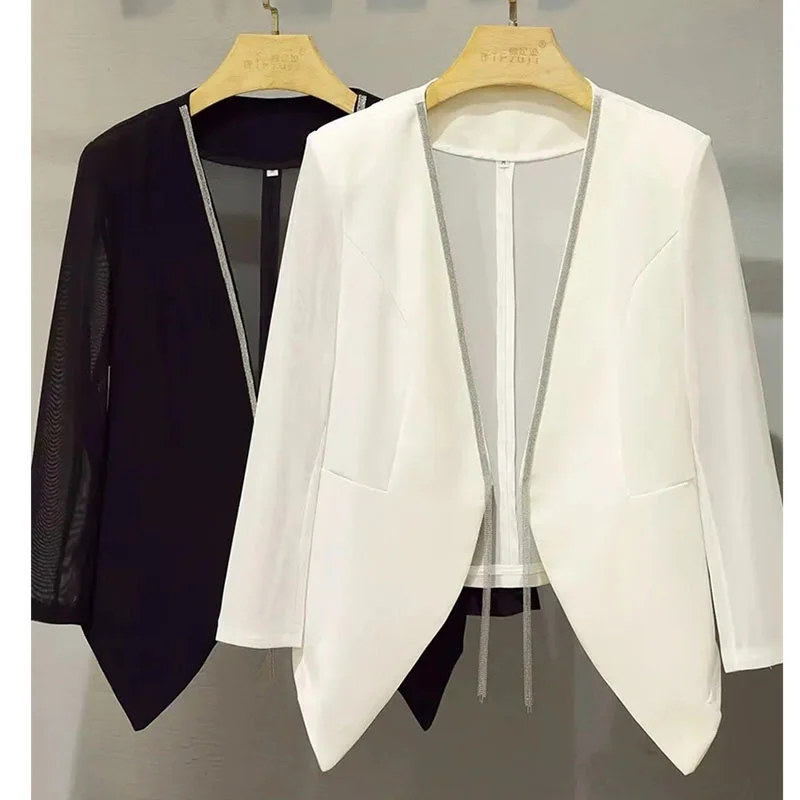 White Blazer 2024 Spring/Summer New Slim Fitting Mesh Shawl Three-Quarter Sleeve Thin For Women No Buckle Cardigan Outwear Black