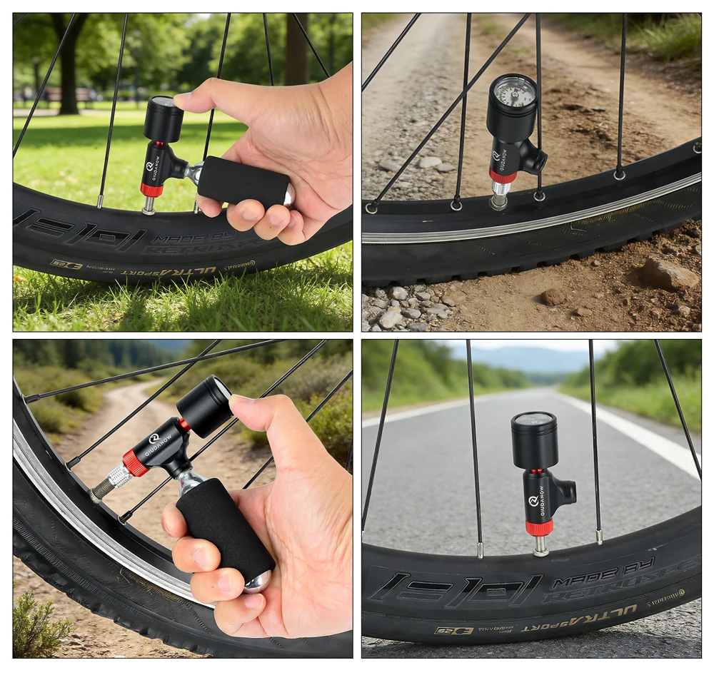 Fahrrad-CO2-Pumpe, Mini, tragbar, handbetrieben, schnelle Reifenpumpe mit Manometer für MTB- und Rennräder, passend für Schrader- und Presta-Ventile – Detail 7