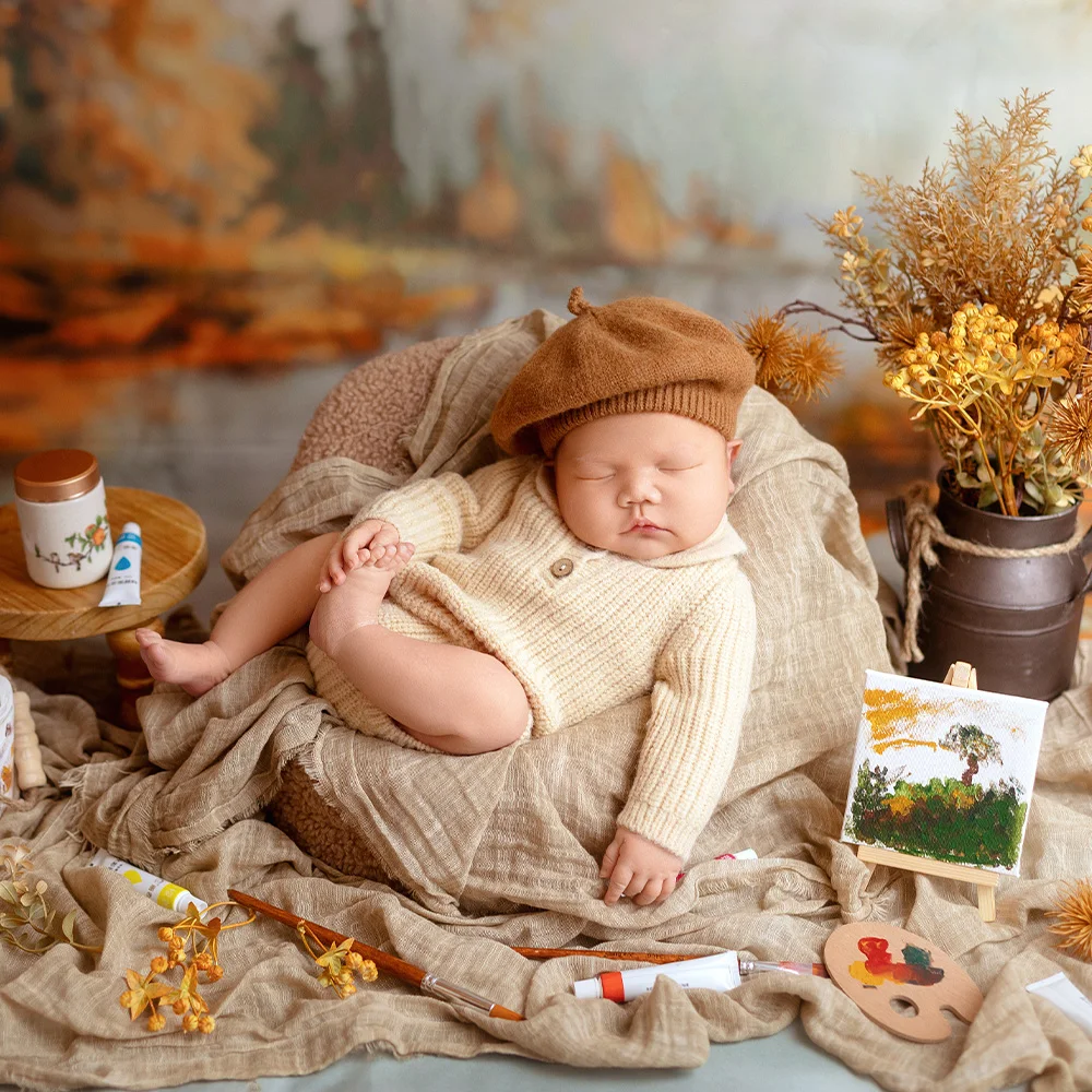 Baby Costume Knitted Long Sleeve Jumpsuit Beret Painter Hat Photography Outfit Painting Prop Studio Baby Painter Art Photo Theme