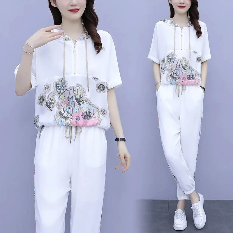 Women White Sport Suit 2023 New Female Printed Summer Two Piece Set Women\'s Hooded Sportswear Women Pants Suit 4XL